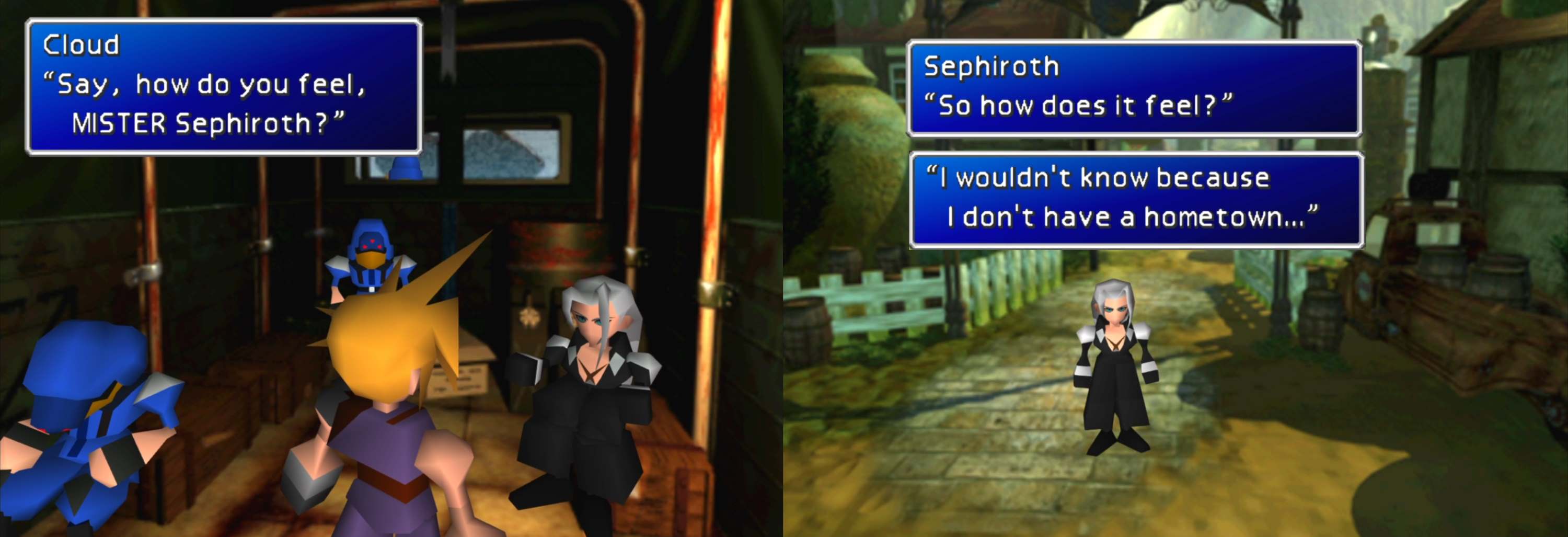 Cloud and Sephiroth ask each other about their feelings of identity